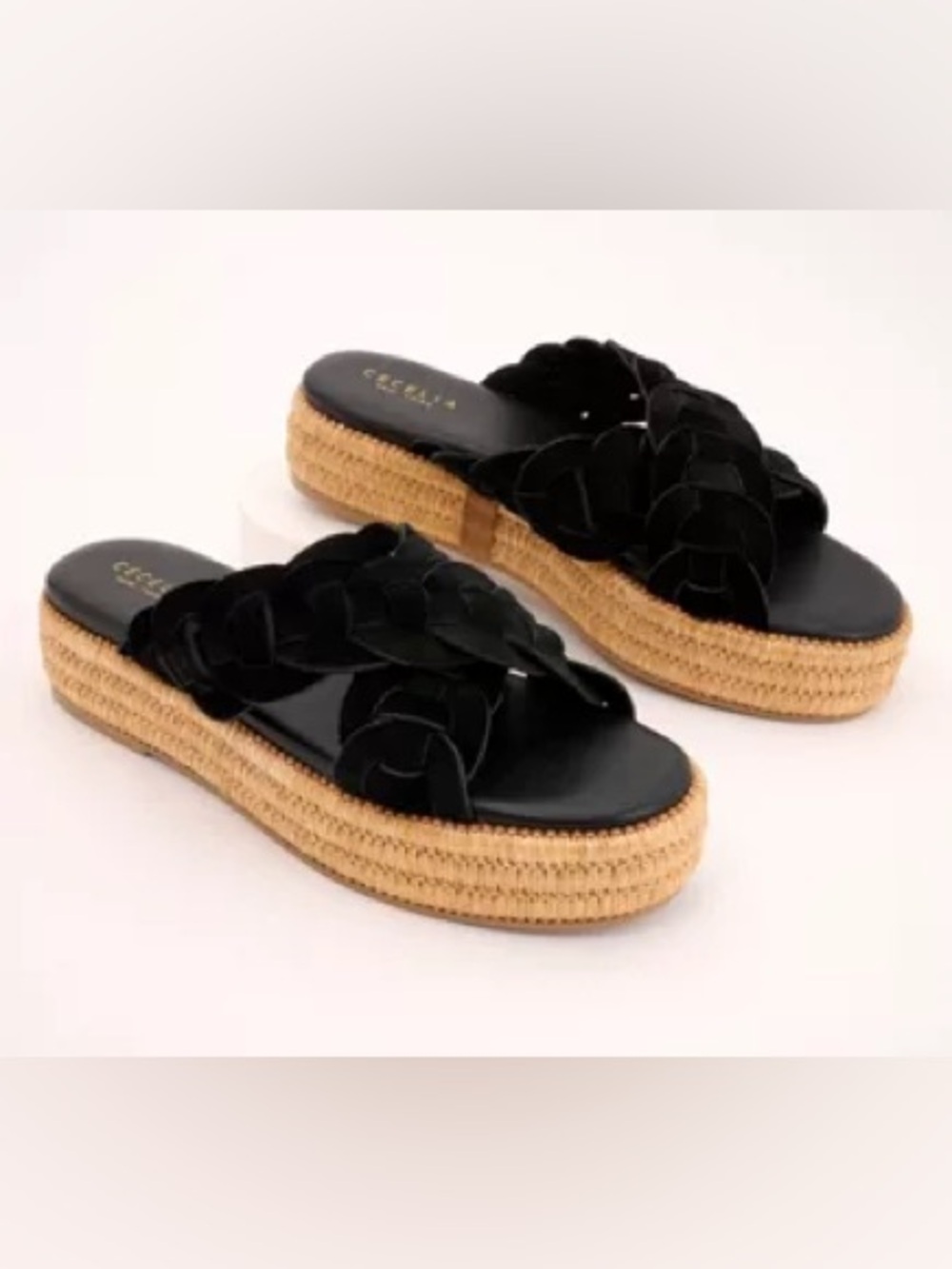 894.NEW Grace Black Braided Espadrille Slide Sandals with Natural Woven Platform